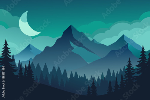 Soft Minimal Background of a Quiet Forest at Night with Mountains and a Crescent Moon trees pine trees