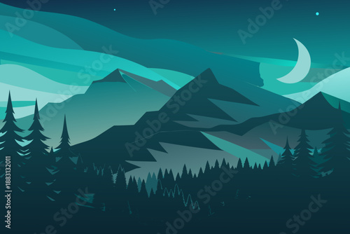 Soft Minimal Background of a Quiet Forest with Mountains and Moon trees night 1