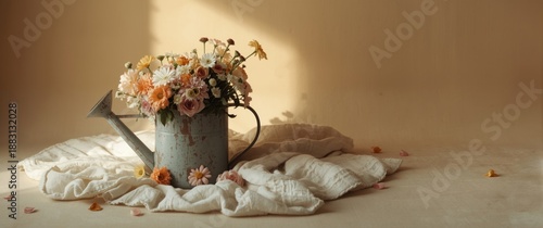 Flowers in a watering can placed on a soft white blanket. Minimalism and coziness evident.