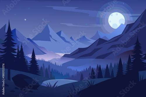 Soft Nocturnal of a Forest Valley with a Bright Moon and Pine Trees mountains