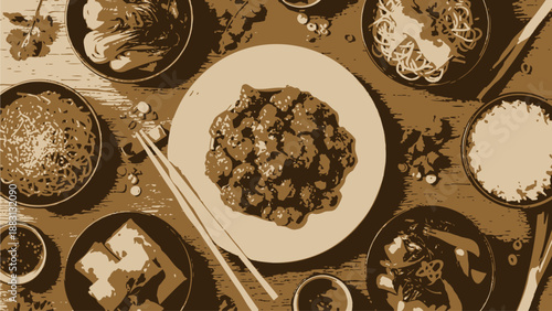 Asian Cuisine Feast with Meat and Rice Dishes