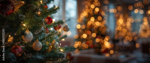 Interior decor for Christmas and New Year featuring a blurred background, green Christmas tree, and bright lights