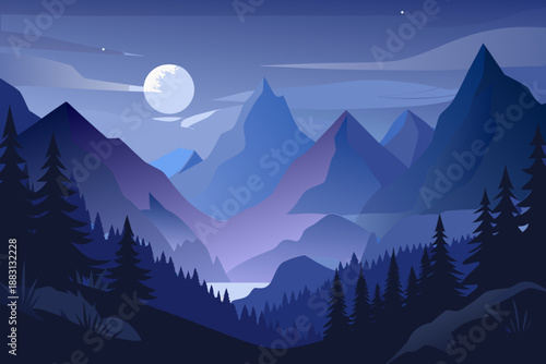 Soft Nocturnal of a Forest Valley with Blue Mountains and Moonlit Sky night