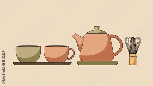 Minimalist Matcha Tea Set Illustration: Serene Tea Ceremony Elements, Simple and Stylish