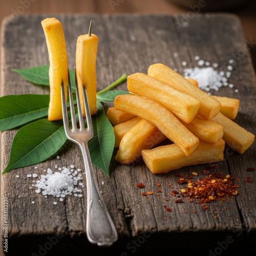 Golden french fries with sea salt and chili flakes on rustic wooden board