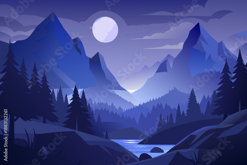 Soft Nocturnal of a Forest Valley with Moonlit Lake and Mountain Peaks mountains night