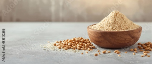 Bowl of chickpea flour and seeds on a light grey textured table, food preparation, Indian cuisine, healthy eating, natural food
