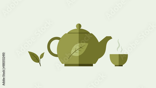 Minimalist Tea Time Fresh Brewed Green Tea Teapot and Cup Composition