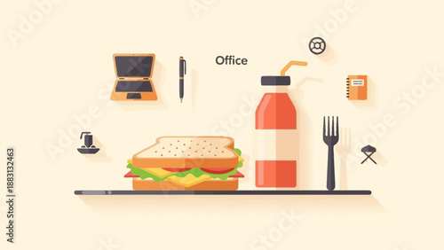 Minimalist Office Lunch Setup With Sandwich, Drink, And Stationary On Light Yellow