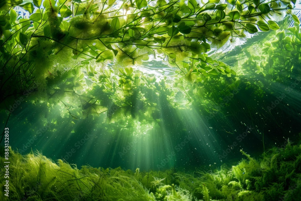 Fototapeta premium Underwater river plants creating sunbeams in crystal clear water