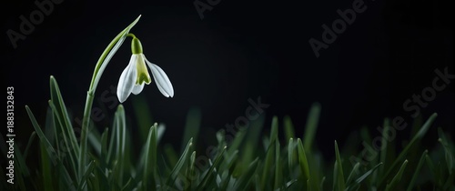 Milky-colored Snowdrop spring flower captured in macro against a dark backdrop