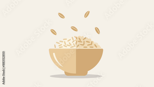 Minimalist Rice Bowl With Falling Grains Illustrative Concept on Light Beige Background