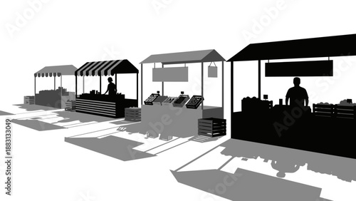 Minimalist Street Market Stalls Silhouette in Black And White with Long Shadows