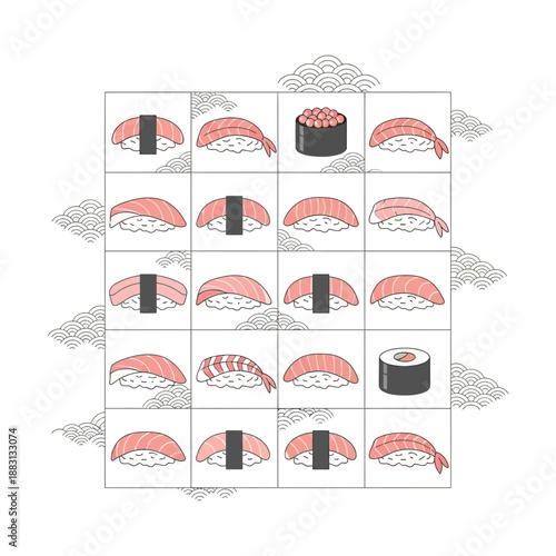 Minimalist Sushi Arrangement with Delicate Asian Design Elements Showcasing Flavorful Japanese