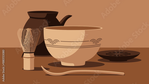 Minimalist Still Life of Tea Ceremony Tools Displayed on a Brown Surface