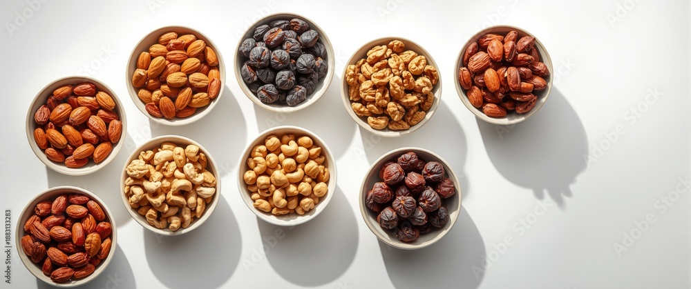 Naklejka premium Assorted dryfruits and nuts displayed in six bowls against a white background