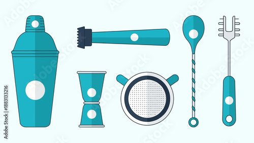 Minimalistic Cocktail Utensils Illustration In Blue Color Representing Modern Bar Tools