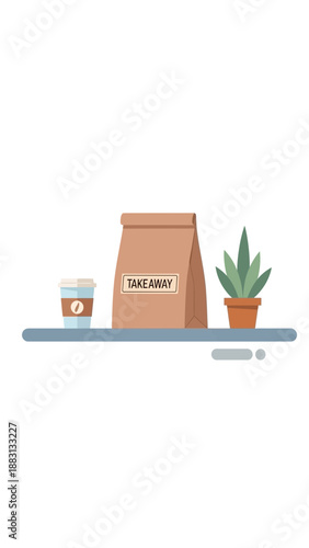 Minimalist Takeaway Coffee And Food Bag With A Potted Plant On A Shelf Illustration