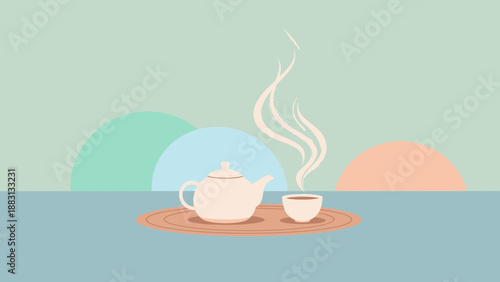 Minimalist Tea Ceremony: Calming Scene With Teapot, Cup, And Serene Backdrop