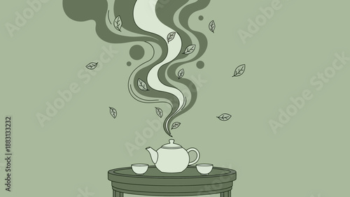 Minimalist Tea Ceremony: Artistic Representation of Steam, Teapot, and Cups on a Table