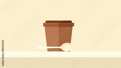 Minimalistic Coffee Cup And Spoon On A Neutral Surface In Flat Illustration Style