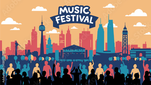 Vibrant Music Festival Silhouette with City Skyline
