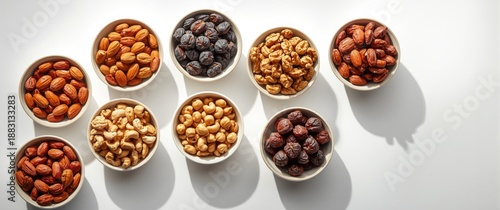 Assorted dryfruits and nuts displayed in six bowls against a white background © AkuAku