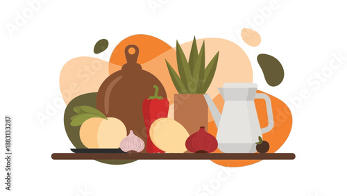 Minimalistic Composition of Kitchen Elements With Vegetables and Modern Graphic Backgrounds