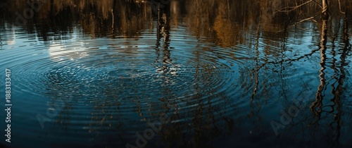 Water lake with rippling reflections of branches and a blue sky