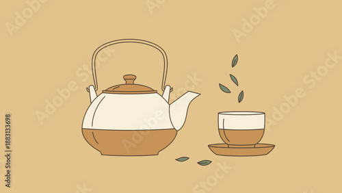 Minimalist Tea Ceremony Illustration: Serene Teapot, Cup, and Floating Tea Leaves