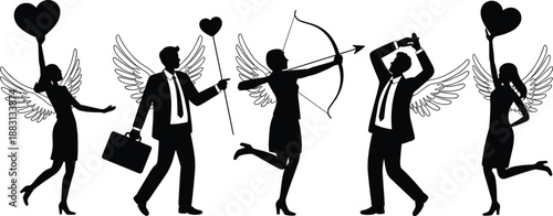 Cupid angels silhouette collection with wings, hearts and arrows symbolizing love, romance and Valentine’s Day concept for wedding cards, posters and romantic designs