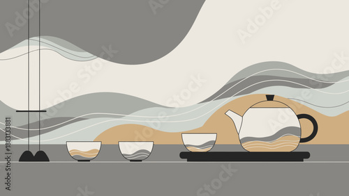 Minimalist Tea Set Aesthetic Composition With Abstract Wavy Background Artwork Illustration