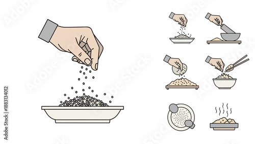 Minimalistic Illustration Of Cooking Rice With Different Serving Methods Visualized
