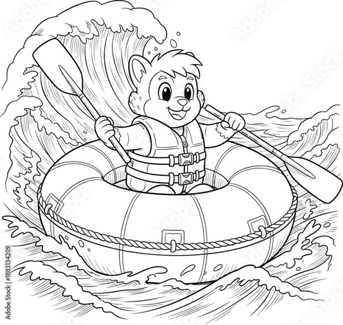 A cheerful cartoon animal in a life vest paddling an inflatable raft on turbulent stylized waves.
