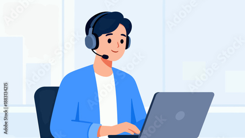 A man wearing a headset is sitting at a desk and typing on a laptop. He is focused on his work