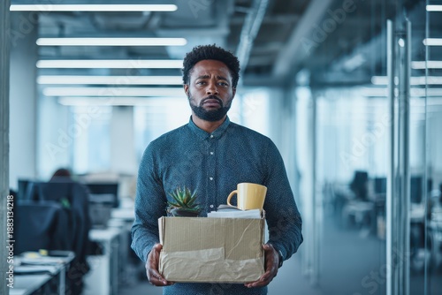 Career setback mood: departing worker holding a box of belongings in an empty office