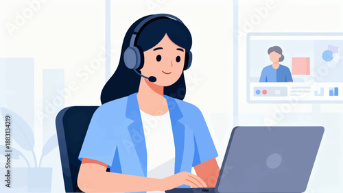 A woman wearing a headset is sitting at a desk with a laptop. She is smiling and she is enjoying her work