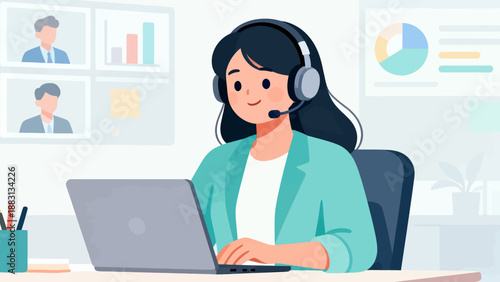 A woman is sitting at a desk with a laptop and headset on. She is smiling and she is enjoying her work