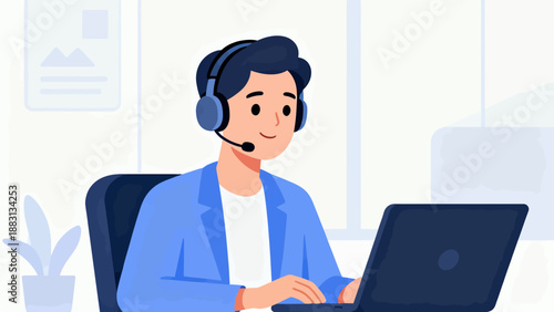 A man wearing a headset is sitting at a desk with a laptop. He is smiling and he is enjoying his work