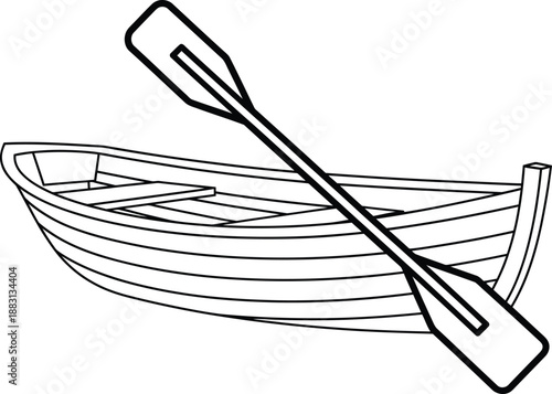 A classic wooden rowboat with a single oar depicted in a simple black and white line art style.