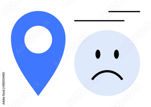 Navigation concept. Visual of a blue location pin and a sad face lost direction or negative journey experiences. Navigation challenges, customer feedback, travel apps, digital maps, and user