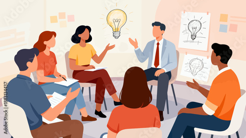 A group of people are sitting around a table with a light bulb in the middle. Scene is collaborative and creative