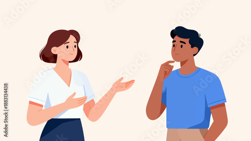 A man and a woman are talking to each other. The man is looking at the woman with a puzzled expression on his face