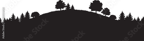 Landscape forest hill vector silhouette illustration with pine and deciduous tree profile