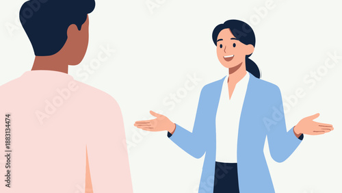 A woman is talking to a man in a blue suit. The woman is smiling and the man is looking at her