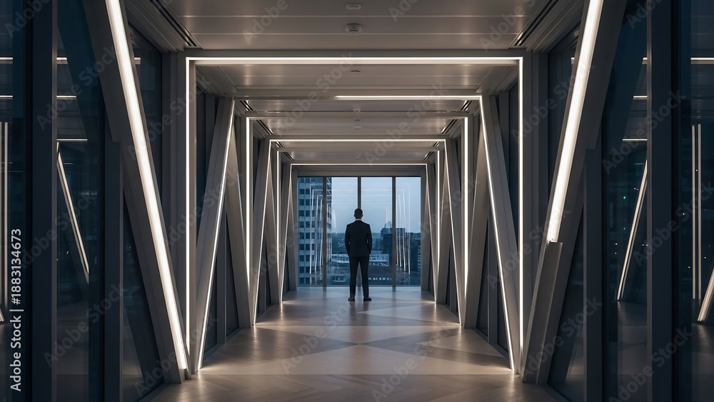 Obraz premium Male executive standing at the end of a long modern office corridor with strong leading lines, neutral architectural background, cinematic business photography for leadership branding and corporate vi