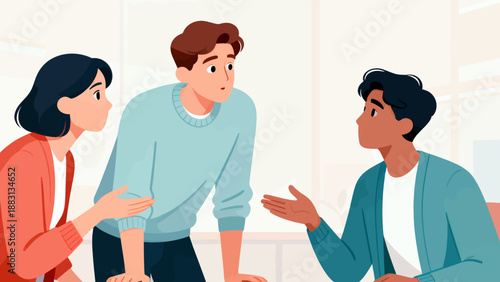 Three people are standing in a room, one of them is a man with a beard. The man with the beard is talking to the other two people. Scene is serious and tense