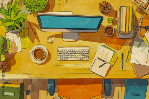 Cartoon-style illustration of an office desk with a computer, notepad, and pen on it. The view is from above, looking down at the table.