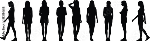 Female walking and standing silhouette set showing women in casual poses, fashion outfits, and everyday movements for lifestyle, design, and illustration use