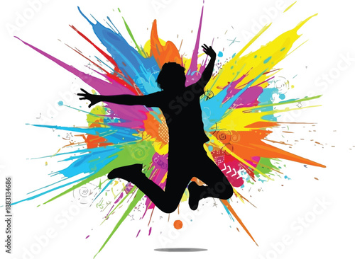 Silhouette of a person jumping high against a vibrant explosion of colorful paint splashes representing energy and happiness